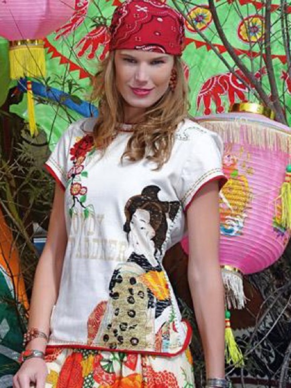 Double D Ranch Embroidered White Cotton Geisha Print Tee Size M y2k boho western